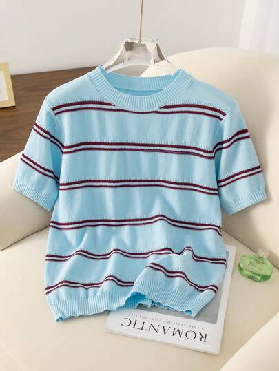 Suéter holgado de cuello redondo con rayas de color azul claro y contraste de color, nueva blusa de manga corta versátil para verano de mujer, ropa de playa casual con rayas y punto de canalé