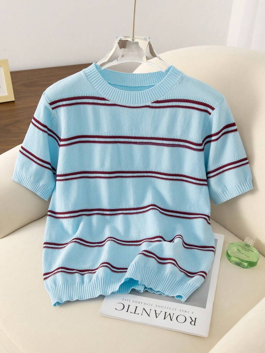 Light Blue Striped Loose Crew Neck Contrast Color Knit Sweater, Women's Versatile Summer New Short Sleeve Top, Striped Ribbed Casual Beach Wear Spring - Baby Blue - View 1