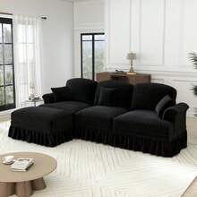 Modułowa sofa 3-osobowa w kształcie litery L z połowy stulecia z Chenille z Trichter-Armlehnen, abnehmbarer Rüschenschürze, spindelförmigen Beinen i beweglichem Hocker – Tiefer Sitzkomfort fürs Wohnzimmer,Schwarz - Czarne - Zobacz 1