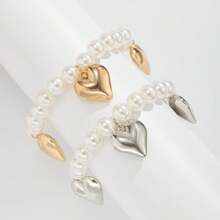 European & American Design Faux Pearl Beaded Denim Anklet, Metallic Heart Pendant Tassel Anklet, - Multicolor - View 3