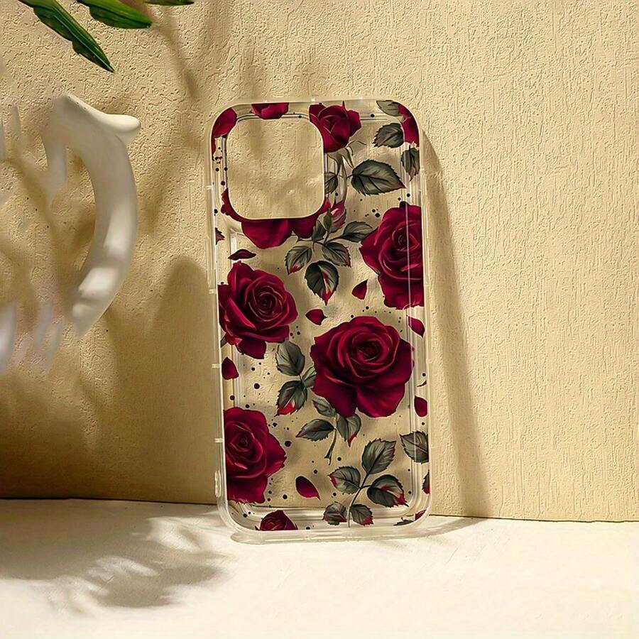 Funda transparente para teléfono Red Rose, adecuada para Apple 16/11/12/13/14/15pro/15 Plus/15 Promax/7plus/8plus/X/Xs Max/Xr/11pro/12pro/13pro/14pro/12mini/13mini/11promax/12promax/13promax/14promax/14plus/6/6s/6plus/7/8/16Pro/16plus/16promax. Una funda de cuerpo completo ofrece protección superior para tu teléfono. - 1 pieza - Ver 1