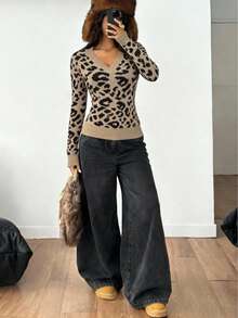 Women's Autumn/Winter Luxury Leopard Print Knit Top - V-Neck Party Top | European Evening Wear | Women's Sweater | Women's Winter Wear | Sweater For Women - Leopard Print - View 4
