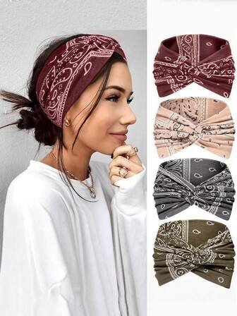 4pcs Bohemian Style Cashew Floral Print Headbands, Casual Holiday Hair Accessories, Makeup Washing Cross Wide Headscarf, Autumn Accessories, Autumn Headscarf, Women Headscarf, Sports Sweatband, Autumn Headband, Winter Holiday Costume