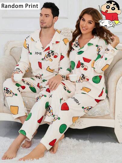 CRAYON SHINCHAN 2件套可爱蜡笔小新珊瑚绒柔软亲肤卡通印花开衫和裤子女士睡衣套装，随机印花，春秋