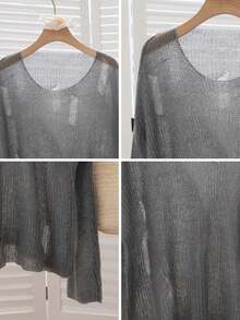 性感简约斜肩镂空设计套头毛衣，适合外出、约会、居家和通勤，秋冬季穿着。 - 灰色 - 查看 9