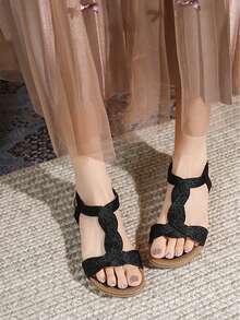 Bohemian Style Fashion Rhinestone Decorated Open Toe Comfortable Women Sandals - Black - View 5