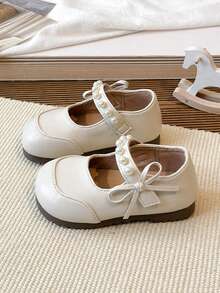 1 Paar beige Kinderflatschuhe, Prinzessinnenschuhe, Softsohlenschuhe mit Schleife für Mädchen, Perlen-Schleife, Klettverschluss und quadratische Zehenform - Beige - Übersicht 6
