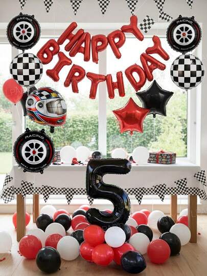 41pcs/Set Racing Motorcycle Theme Birthday Party Decorations, 16" Red/Black "Happy Birthday" Letter Foil Balloon Banner, 32" Red/Black 0-9 Number Birthday Decor Balloons, Motorcycle/Racing Flag/Tire/Checkered Pattern Foil Balloons, Red And Black Star Balloons, 10" Red/Black/White Latex Balloons, For Birthday Party Decorations