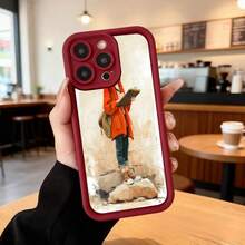 Funda para teléfono con borde negro diseño de persona con chaqueta roja y mochila caminando sobre piedras estilo vintage ideal para uso diario en cafeterías y espacios urbanos,Aplicable a los teléfonos de la serie Apple y Galaxy - Negro - Ver 5