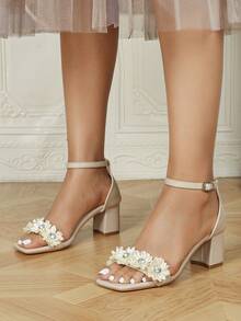 Sandalias de tacón medio con decoración floral 3D, punta cuadrada y correa de tobillo, estilo elegante adecuado para el trabajo, citas y bodas en verano, sandalias de tacón medio color albaricoque - Albaricoque - Ver 4
