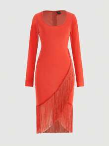 Women's Elegant Asymmetric Tassel Hem Knit Dress, Suitable For Commute, Date, Party. Elegant Knit Fabric With Tassel, Ideal For Evening Date, Holiday, Wedding, Birthday Party, Formal Dinner