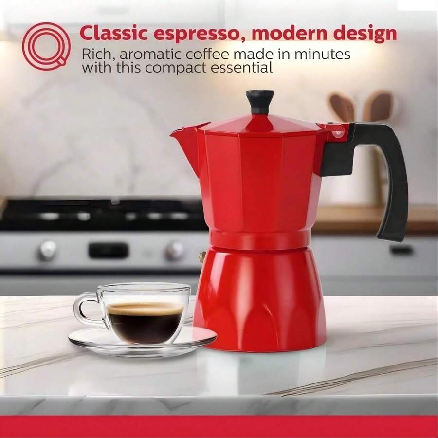 3/6 Cups Italian Moka Pot, Includes 2 Cleaning Brushes And 2 Coffee Spoons – Stove-Top Italian Coffee Maker, Durable Cast Aluminum Coffee Pot, Suitable For Home And Camping (Espresso/Cappuccino/Latte). - Red - View 1