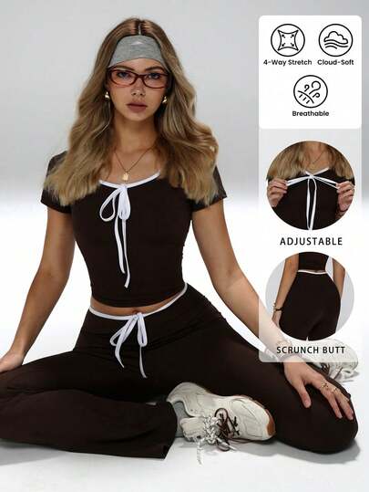FWH Sweet Bow Detail,Leg-Lengthening Flare,Tummy-Control Waist,#SweetAthleisure #RetroCharm #GirlyGymLook,Bow Tie Workout Set,Flared Yoga Pants Outfit,Cute Gym Clothes Set,Retro Activewear Set,Bow Tie Short-Sleeve Top & Flared Pants,Stretchy Yoga Set,Women's 2-Piece Set Summer