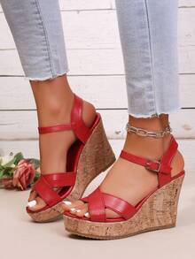 Sandal Wanita Bersol Tebal Model High-Top, Sepatu Bot Motor Platform Ujung Terbuka, Sandal Romawi Serbaguna - Merah - View 4