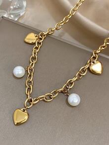 1件金色粗链项链，饰有心形和珍珠吊坠 - 醒目的心形+珍珠设计，时尚浪漫的日常休闲饰品，情人节礼物，男女皆宜 - 彩色 - 查看 9