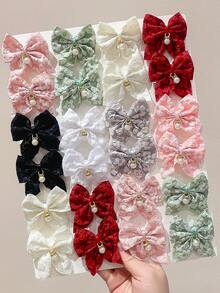 8 pezzi Fermagli per capelli decorativi in stile scolastico carino per ragazze, con fiocco in tessuto jacquard 3D color tinta unita vintage, pendente di perle, fiori e coda di rondine, adatti per uso quotidiano e per feste - Multicolore - Visualizzare 4