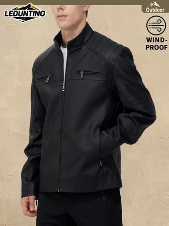 LEDUNTINO 男士时尚拉链休闲机车皮夹克，运动风，纯色，飞行员夹克，立领，男士春秋季户外摩托车夹克，适合户外和通勤，是送给男友或丈夫的理想礼物，抓绒材质，冬季款