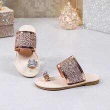 1 Pair Rose Gold Glitter Toe-Ring Flat Slippers, PU Material With Rhinestone Butterfly Decor, Suitable For Girls Aged 3-15 For Outings, Gatherings And Daily Wear, 2026 Spring/Summer Fashion - Rose Gold - View 2