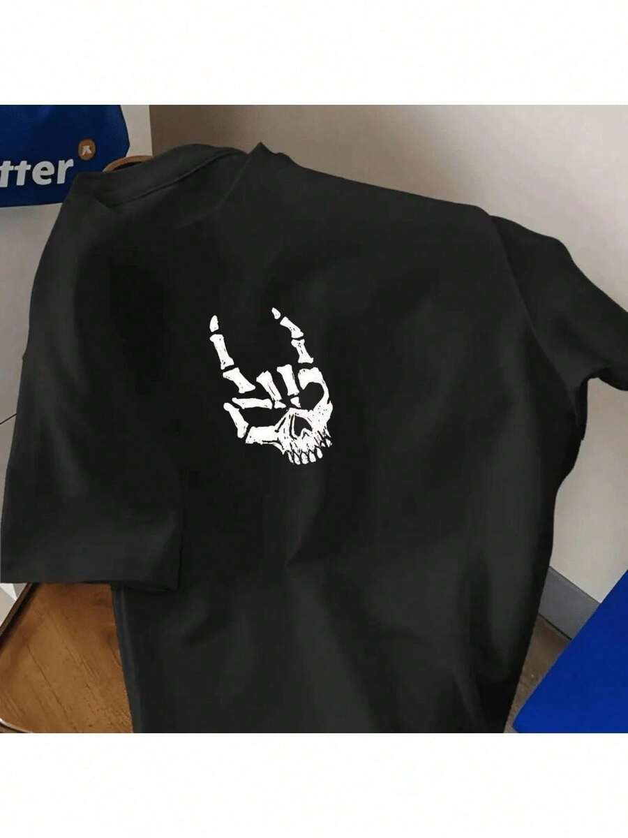 Men's Cotton T-Shirt With Skull And Hands Design, Rock Music Symbol, Alternative Streetwear Style, Skater, Casual, Basic - 黑色 - 查看 1