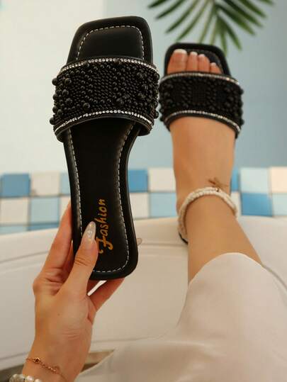 Sandalias planas de talla grande para mujer, estilo vacacional, uso casual y versátil para exteriores, con decoración de rhinestones