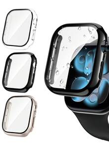 3 Packs 3 IN 1 Tempered Glass Film Hard PC Bumper Case Compatible With Apple Watch Series 11 10 9 8 7 6 5 4, 40mm/41mm/42mm/44mm/45mm/46mm/49mm Compatible With IWatch Screen Protector Protector Case Face Cover, For Women Men, Ultra-Thin Guard,Clear/Black/Rose Gold