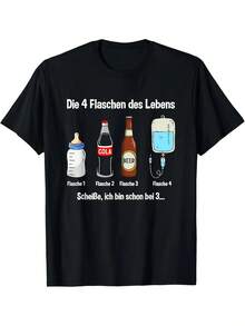 Men's T-Shirt For Women, A Humorous Gift With Four Bottles Of Wine And A Warning About Alcohol - 黑色 - 查看 1