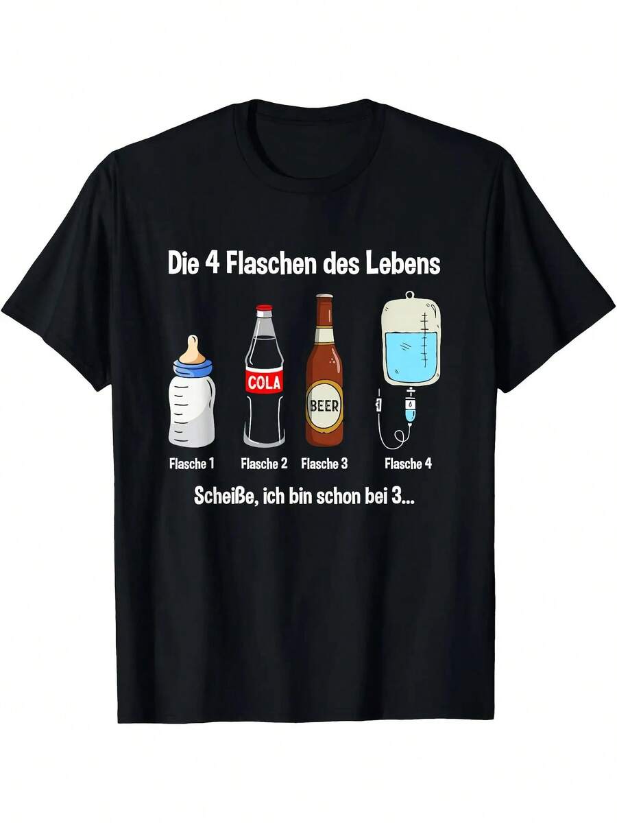 Men's T-Shirt For Women, A Humorous Gift With Four Bottles Of Wine And A Warning About Alcohol - 黑色 - 查看 1