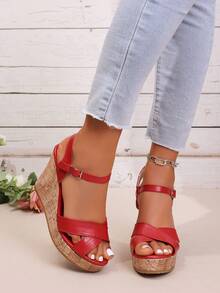 Sandal Wanita Bersol Tebal Model High-Top, Sepatu Bot Motor Platform Ujung Terbuka, Sandal Romawi Serbaguna - Merah - View 5