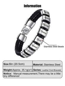 1pc Unique Leather Bracelet For Women Men Custom 1-10 Names Engraved Bracelets Customized Women Men Braided Leather Bracelets Gift For Mother Father Husband Wife Boyfriends Girlfriends Grandpa Grandma Birthdays Holidays Christmas Black Stylish, Vintage, Contracted, Simple, Unisex, Punk, Fall Fashion, Old Money Custom, Personalized - Silver - View 29