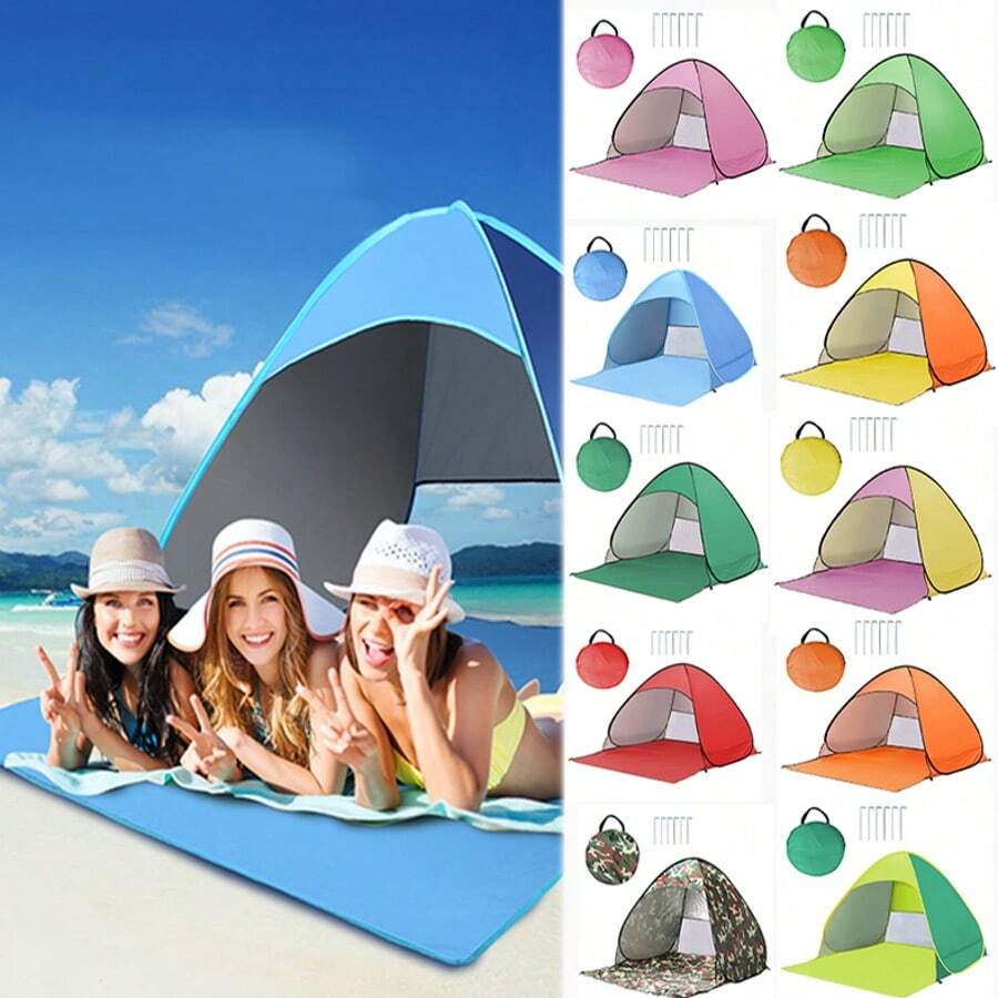 1 Bộ Lều Cắm Trại Bãi Biển Lớn, Lều Che Nắng Tự Dập, Mái Che Hồ Bơi Di Động, Ô Tự Động Chống Tia UV UPF 50+, Sàn Mở Rộng Cho 3-4 Người, Kèm Túi Mang Và Cọc Cắm, Dễ Dỡ Lắp Đặt, Thích Hợp Cho Câu Cá, Dã Ngoại, Công Viên và Du Lịch Ba Lân - Nhiều màu - Xem 1