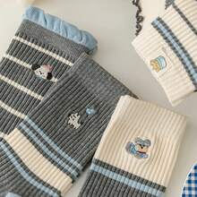 1 3 5 Pares de Calcetines de Algodón para Mujeres, Bordado de Perro de Dibujos Animados, Estilo Coreano Japonés, Bloques de Color, Rayados, Cálidos, Calcetines de Media Pantorrilla - 3 pares al azar - Ver 3