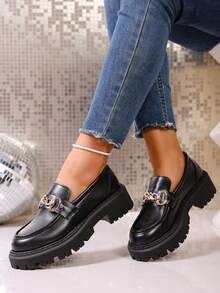2025春季新款日系女式真皮鞋，复古英伦风金属扣哑光厚底增高乐福鞋，百搭JK风鞋款