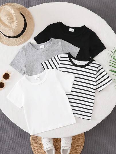 4件套婴儿男童时尚休闲纯色圆领短袖T恤，夏季