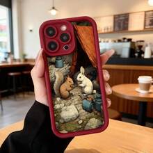 Cubierta de teléfono con borde negro diseño de ardilla y conejo en escena bosque para uso diario,Aplicable a los teléfonos de la serie Apple y Galaxy - Burdeos - Ver 2