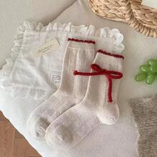 1 Pair Of Autumn And Winter Red Women's Socks With Bow Ties, Cute Cartoon New Year Socks, Warm And Fashionable Women's Socks - 樣式3 - 查看 7