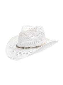 1pc Unisex Gemstone Decor Western Cowboy Hat, Hollow Print Straw Hat, Spring/Summer Travel Sun Beach Hat, Casual Sun Hat (After Receiving The Product, If The Brim Is Deformed, It Needs To Be Manually Adjusted Back)