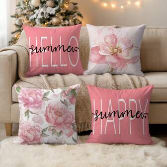 4 st moderna vårblommiga persikofärgade sammetskuggor, 48 x 48 cm, färgglada botaniska blommor dekorativa kuddfodral för vardagsrum sovrum soffa utomhus, inlägg ingår ej