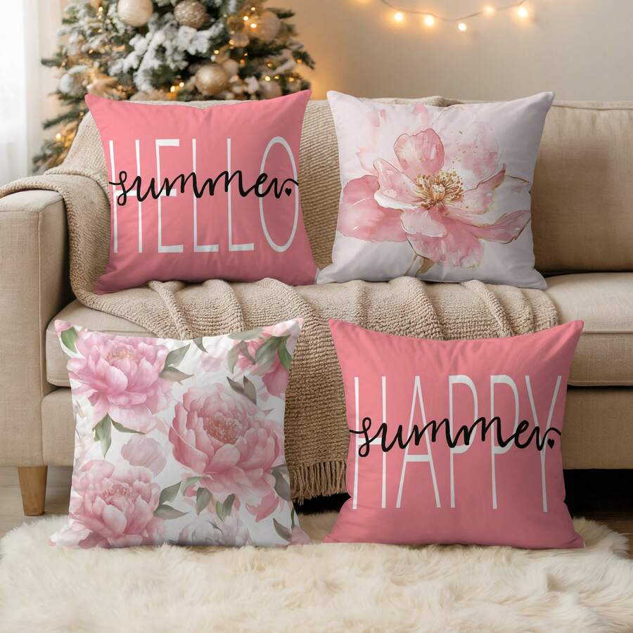 4件套现代春季花卉印花蜜桃色天鹅绒抱枕套，18英寸 x 18英寸，色彩缤纷的植物花卉装饰靠垫套，适用于客厅、卧室、沙发、户外，不含枕芯 - 彩色 - 查看 1