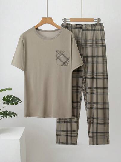 2pcs Men's Lightweight Short Sleeve Pajama Set - Short Sleeve Top And Pants, Men's Soft Plaid Print Loungewear Set