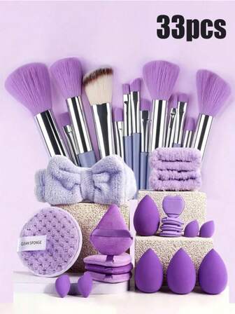 A 33-Piece Makeup Brush Set (With A Drawstring Storage Bag), Including A Makeup Puff, Makeup Sponge, Blush Brush, Foundation Brush, Eyeshadow Brush, Contour Brush, Eyeshadow Brush, Soft Bristle Brush, Blush Brush, Professional Makeup Brush Set
