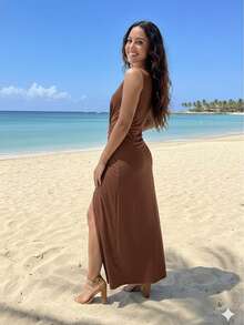 Elegant And Sensual Wrap-Style Beach Cover-Up Dress Made Of Premium Microfiber Fabric, Perfect For Summer Vacations, Beaches, And More. - 鏽棕色 - 查看 2