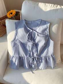 Blusa de rayas y estampado sin mangas para uso diario sencilla, tops sin mangas - Azul - Ver 4