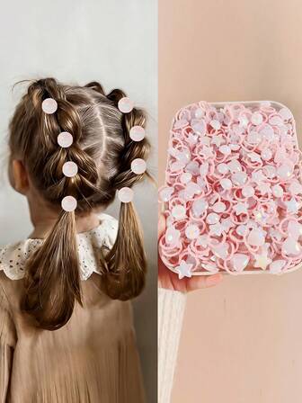 10/20/30/40/50pcs Random Star & Heart Faux Pearl Hair Scrunchies, Cute Girls Hair Accessories