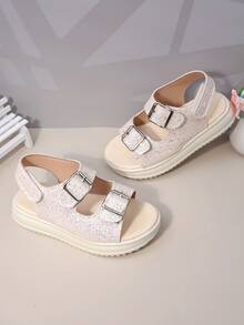 1 Pair Kids' Shimmery Pink Glitter Sandals | Lightweight Anti-Slip Flat Open-Toe Occasion & Beach Shoes For Girls Summer - Beige - View 3