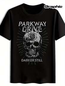 Camiseta gráfica de calavera negra con rayos de sol radiantes para hombres - Impresión "PARKWAY DRIVE DARKER STILL", camiseta casual de manga corta con cuello redondo para atuendo casual y deportes, moda urbana, tela cómoda, camiseta llamativa, para fanáticos de la música - Negro - Ver 3