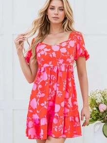 1pc Floral & Leaf Print Bohemian Ruffle Hem Dress, Beach Holiday Wear, Spring/Summer/Autumn Vacation Elegant - Red - View 4