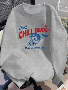 Retro Cartoon "CHILL DUDE" Printed Grey Crew Neck Sweatshirt, Casual Top, Plus Size Knit Sweatshirt, Crew Neck Long Sleeves, Ribbed Knit Details, Winter Lining, Women's Sweatshirt, Pullover, Plus Size Sweatshirt, Plus Size Women's Clothing, Autumn And Winter Season, Comfortable Plus Size Fit, Plus Size Autumn And Winter Clothing, Everyday Wear. - Light Grey - View 3
