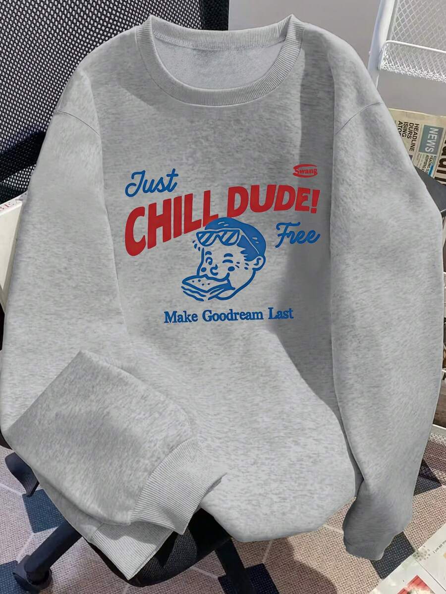 Retro Cartoon "CHILL DUDE" Printed Grey Crew Neck Sweatshirt, Casual Top, Plus Size Knit Sweatshirt, Crew Neck Long Sleeves, Ribbed Knit Details, Winter Lining, Women's Sweatshirt, Pullover, Plus Size Sweatshirt, Plus Size Women's Clothing, Autumn And Winter Season, Comfortable Plus Size Fit, Plus Size Autumn And Winter Clothing, Everyday Wear. - Light Grey - View 1