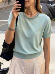 GIGOGOU New Basic Summer Women Knit T-Shirt, Fashionable Hot-Selling Casual Short Sleeve T-Shirt - Green - View 3
