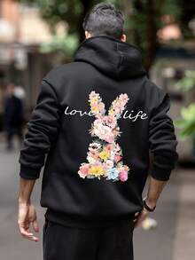 男士休闲连帽衫，饰有玫瑰和兔子图案，宽松袋鼠口袋抓绒套头衫，秋冬季时尚单品 - 黑色 - 查看 2